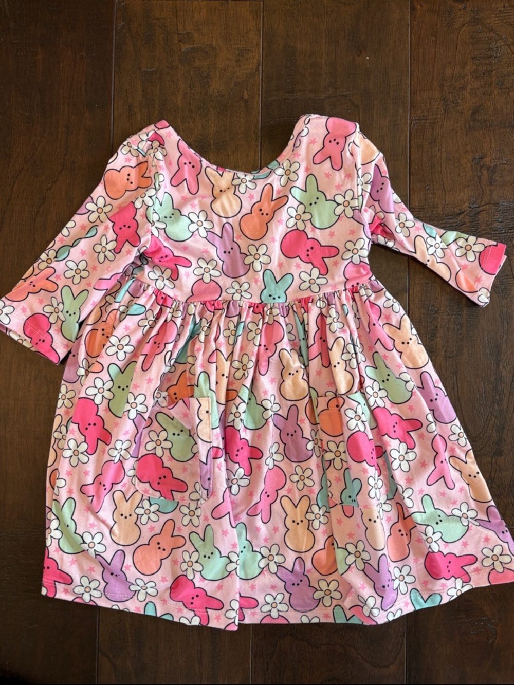 Girls Pink Bunny Print Long-Sleeve Casual Dress